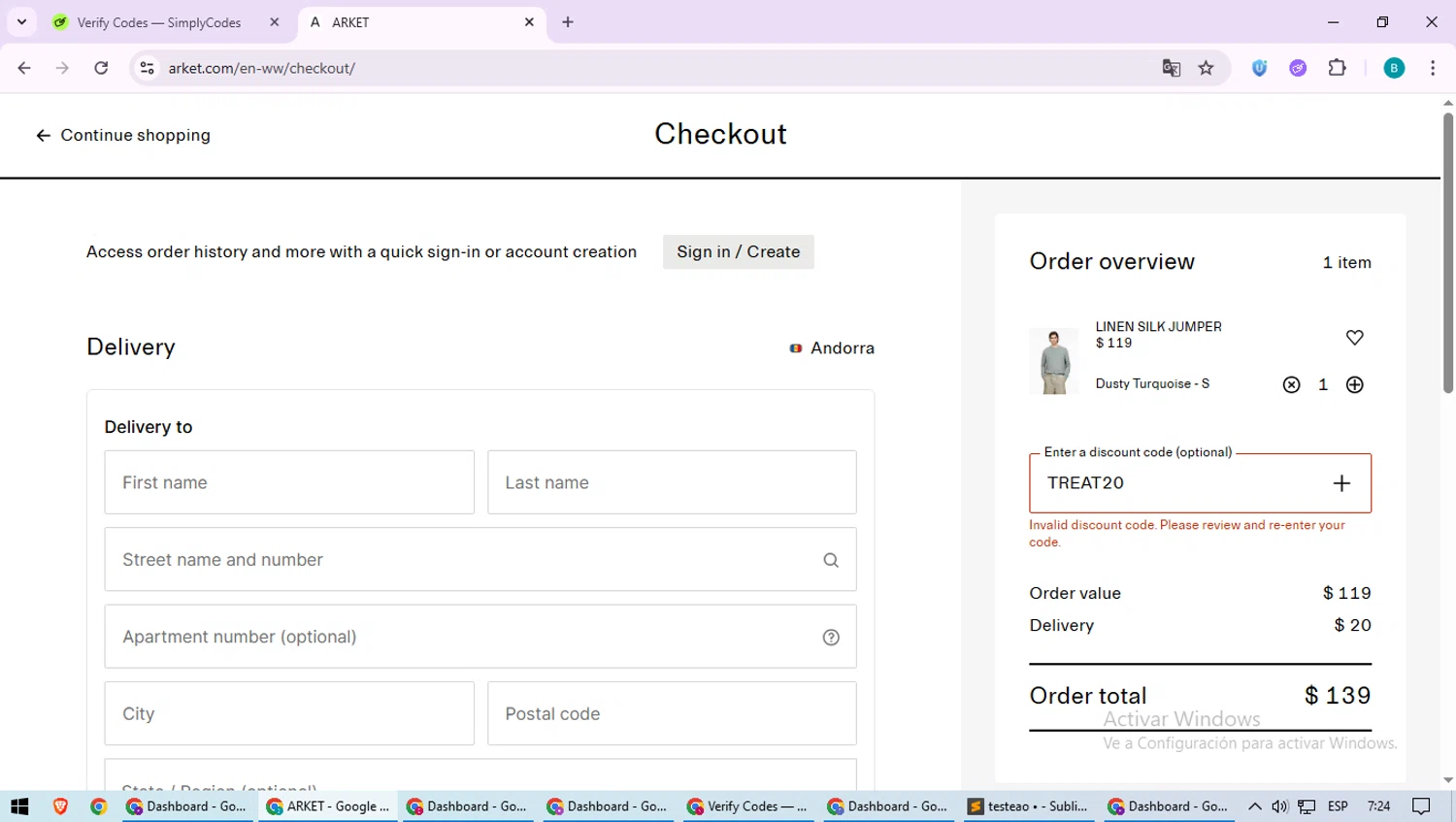 Arket discount code screenshot showing code TREAT20 applied at Arket checkout page. Uploaded by SimplyCodes community member QuestScholar5572 on Jun 19, 2025