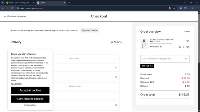 Arket checkout page showing Arket discount code box | Screenshot taken by SimplyCodes community member on Aug 1, 2025