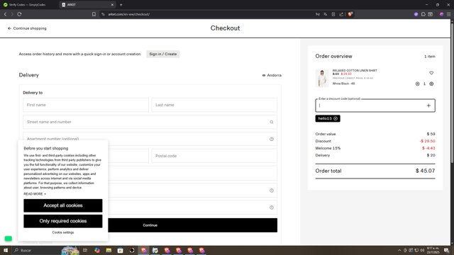 Arket checkout page showing Arket discount code box | Screenshot taken by SimplyCodes community member on Jul 23, 2025