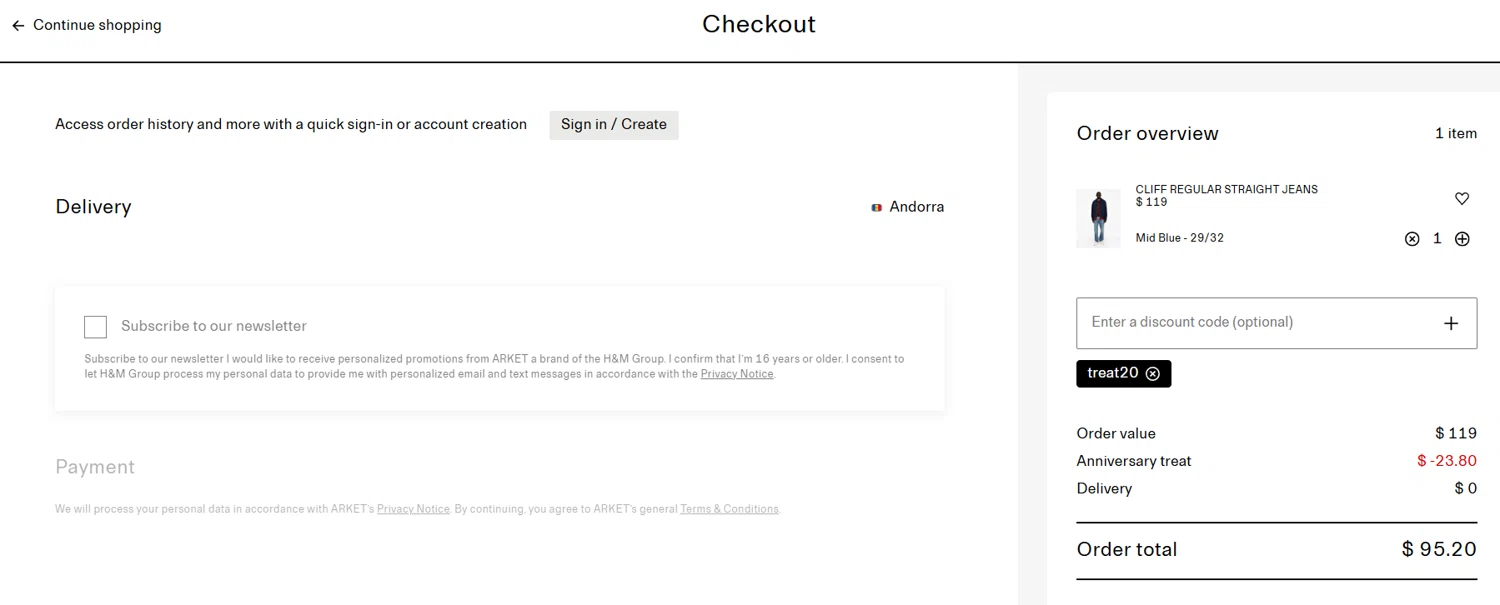 Arket discount code screenshot showing code TREAT20 applied at Arket checkout page. Uploaded by SimplyCodes community member jesspea on Aug 29, 2025