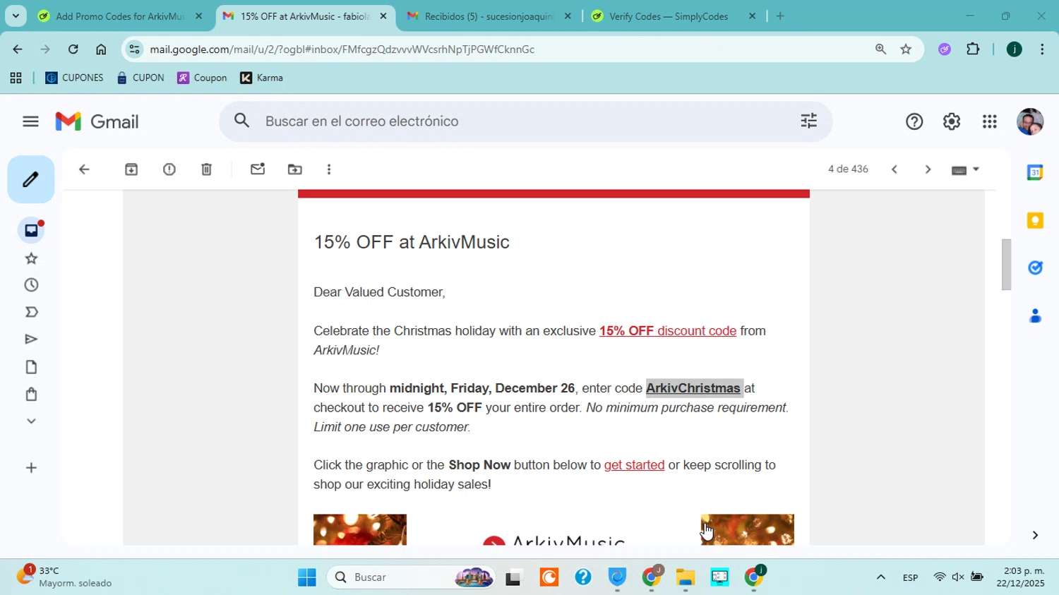 ArkivMusic promo code screenshot showing code ArkivChristmas applied at ArkivMusic checkout page. Uploaded by SimplyCodes community member jorgejavierherrera on Dec 22, 2025
