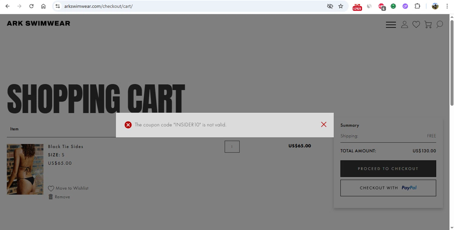 Ark Swimwear discount code screenshot showing code INSIDER10 applied at Ark Swimwear checkout page. Uploaded by SimplyCodes community member gonzalodamole on Mar 12, 2025