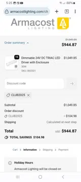 Armacost Lighting coupon verification screenshot