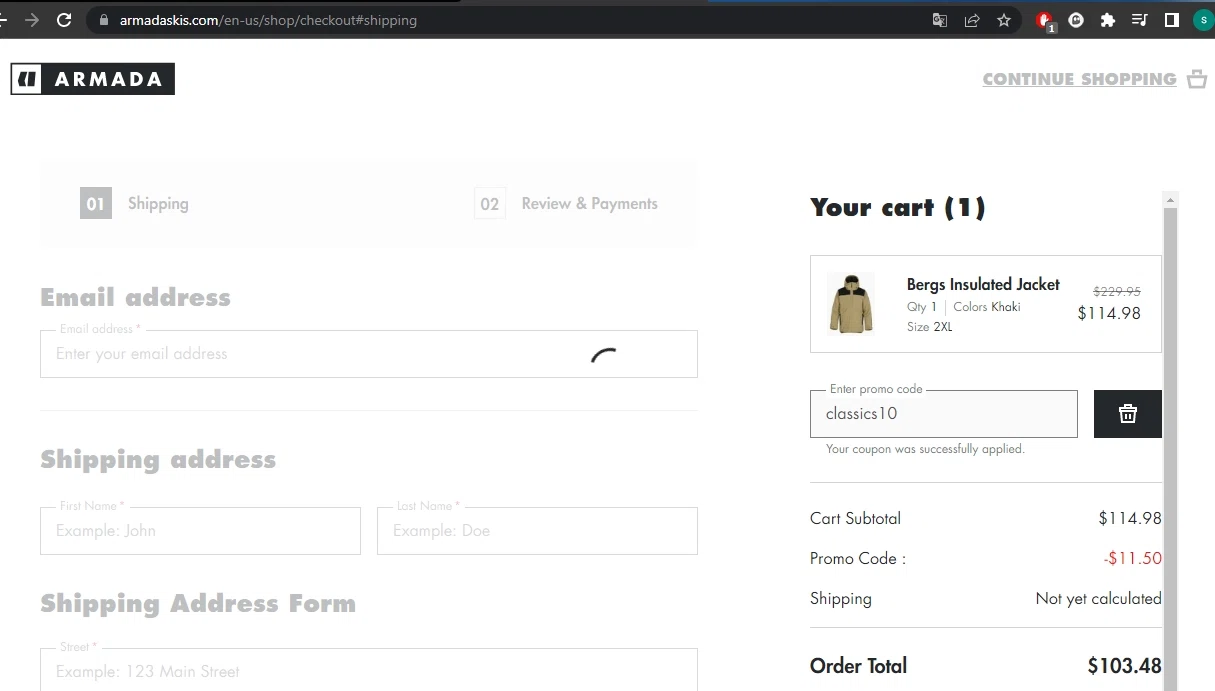 Armada checkout page showing Armada discount code box | Screenshot taken by SimplyCodes community member on Apr 1, 2023