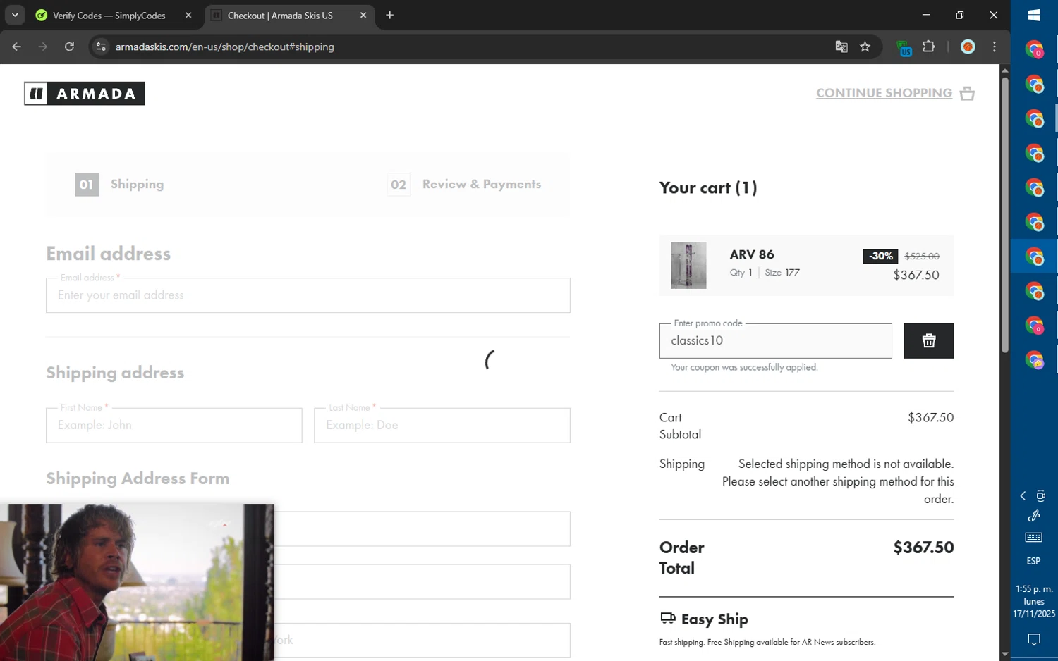 Armada discount code screenshot showing code classics10 applied at Armada checkout page. Uploaded by SimplyCodes community member SalePhoenix823 on Nov 17, 2025