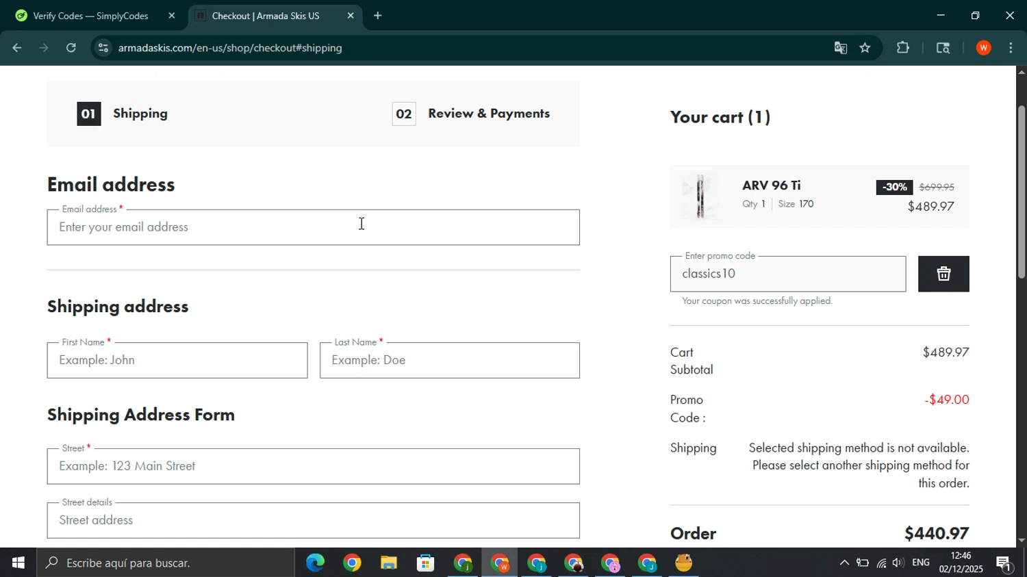 Armada discount code screenshot showing code classics10 applied at Armada checkout page. Uploaded by SimplyCodes community member wilferji on Dec 2, 2025