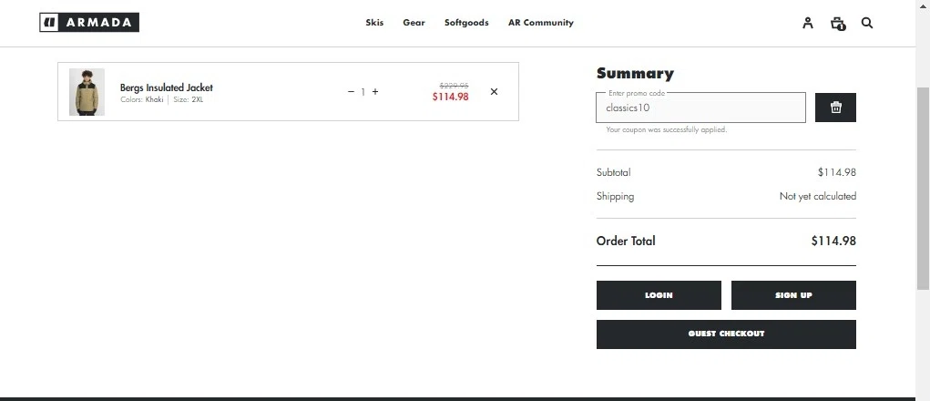 Armada checkout page showing Armada discount code box | Screenshot taken by SimplyCodes community member on Dec 6, 2022