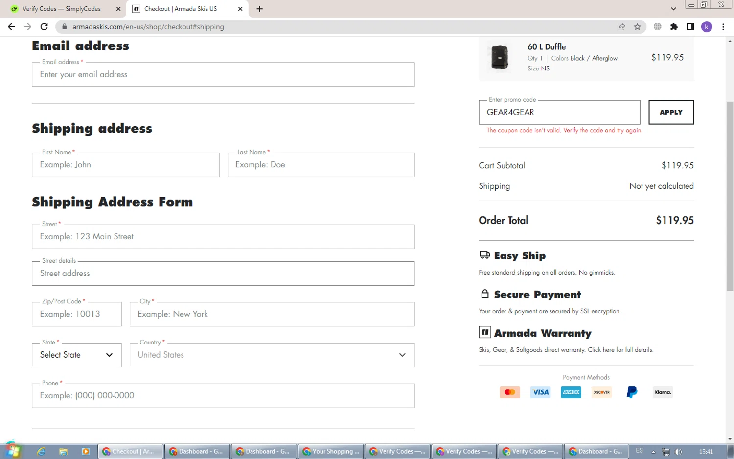 Armada discount code screenshot showing code GEAR4GEAR applied at Armada checkout page. Uploaded by SimplyCodes community member NobleGenius1697 on Feb 28, 2025