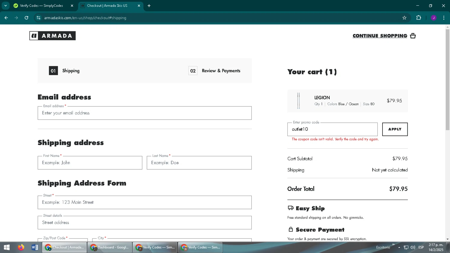 Armada discount code screenshot showing code outlet10 applied at Armada checkout page. Uploaded by SimplyCodes community member ComeBurra123 on Feb 14, 2025