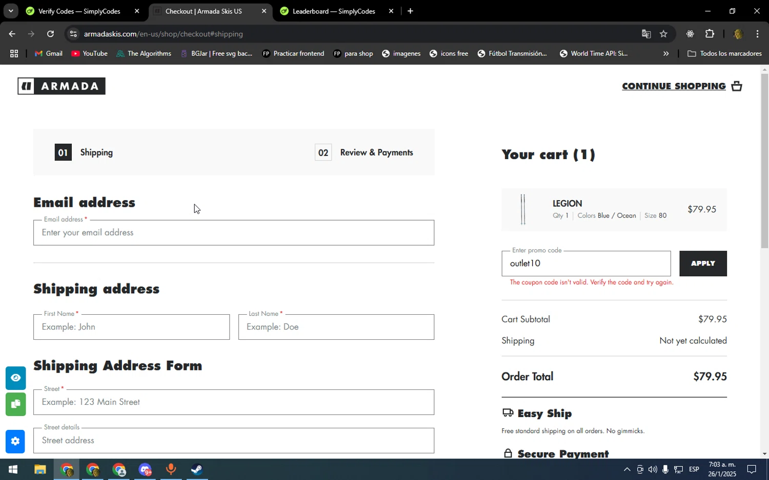 Armada discount code screenshot showing code outlet10 applied at Armada checkout page. Uploaded by SimplyCodes community member DonPollito on Jan 26, 2025