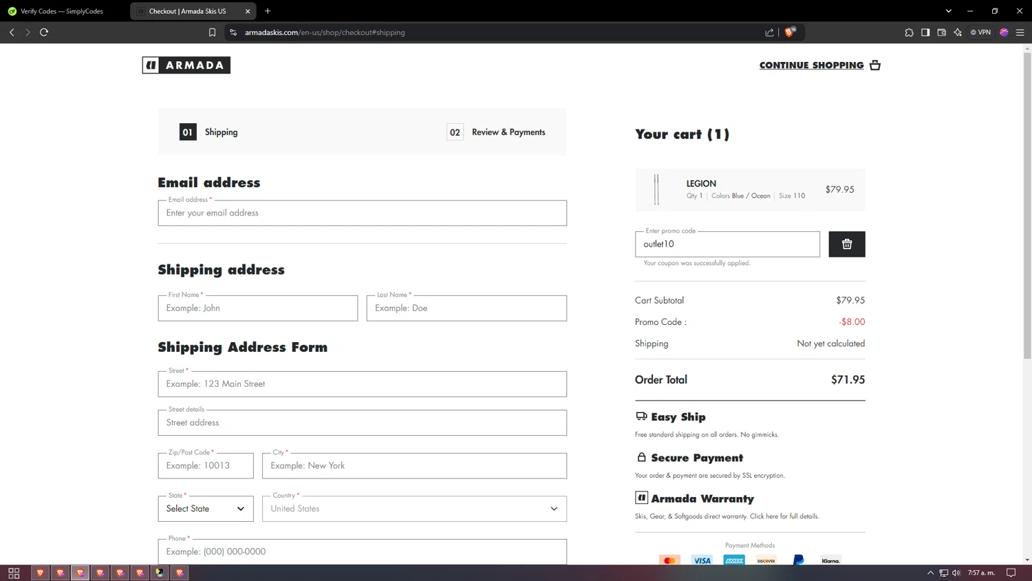 Armada checkout page showing Armada discount code box | Screenshot taken by SimplyCodes community member on Dec 28, 2024