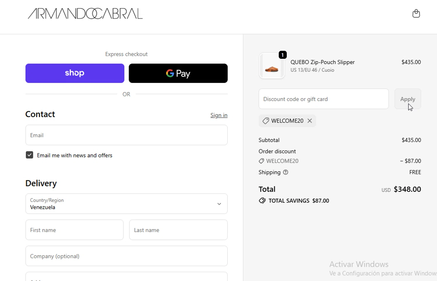 Armando Cabral promo code screenshot showing code WELCOME20 applied at Armando Cabral checkout page. Uploaded by SimplyCodes community member BudgetGuardian5712 on Nov 8, 2025