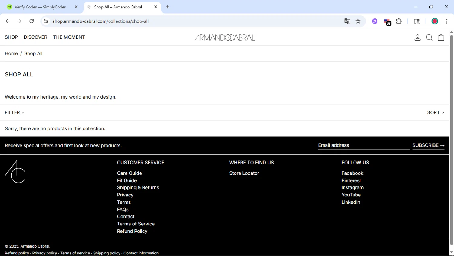 Armando Cabral promo code screenshot showing code WELCOME20 applied at Armando Cabral checkout page. Uploaded by SimplyCodes community member DiscountSentinel4513 on Nov 28, 2025