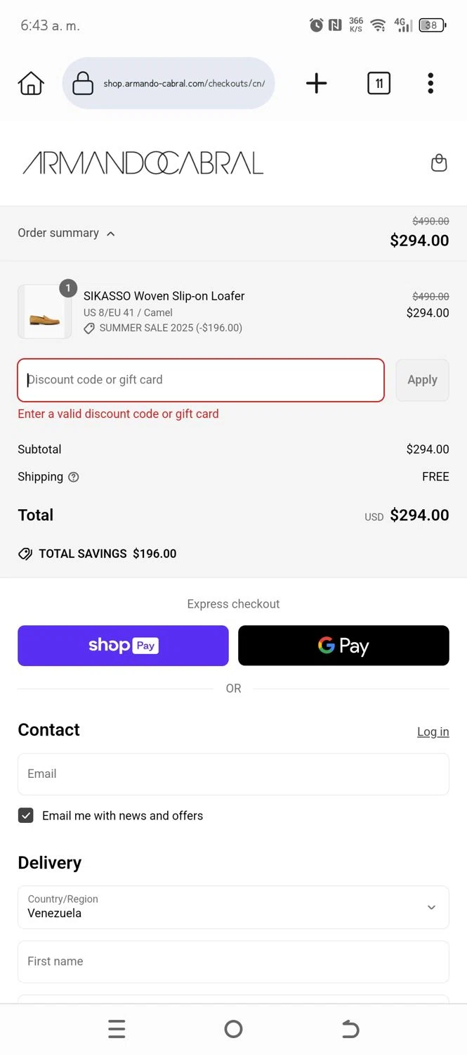 Armando Cabral promo code screenshot showing code VIP40 applied at Armando Cabral checkout page. Uploaded by SimplyCodes community member DiscountCurator3335 on Jun 18, 2025