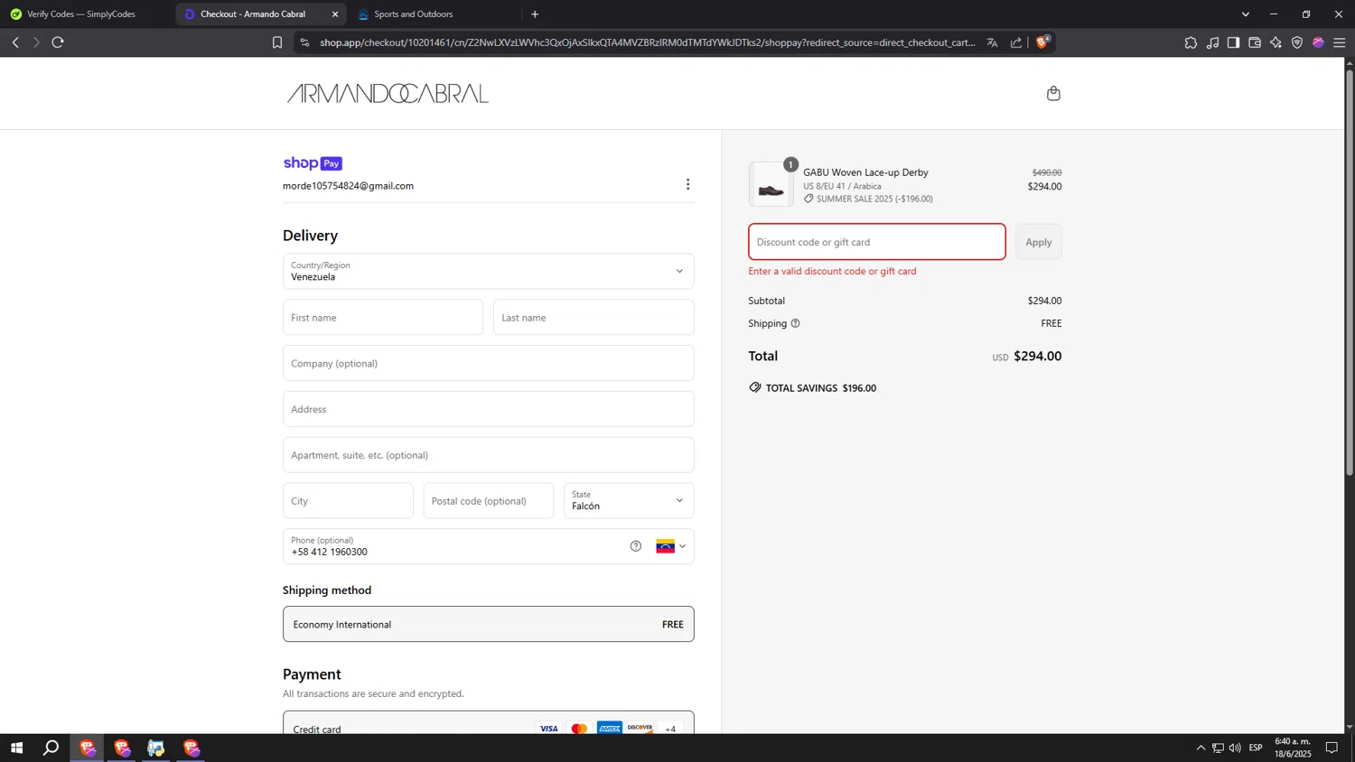 Armando Cabral promo code screenshot showing code VIP40 applied at Armando Cabral checkout page. Uploaded by SimplyCodes community member aaaaaaaaaaaaaaaaaaaaa on Jun 18, 2025