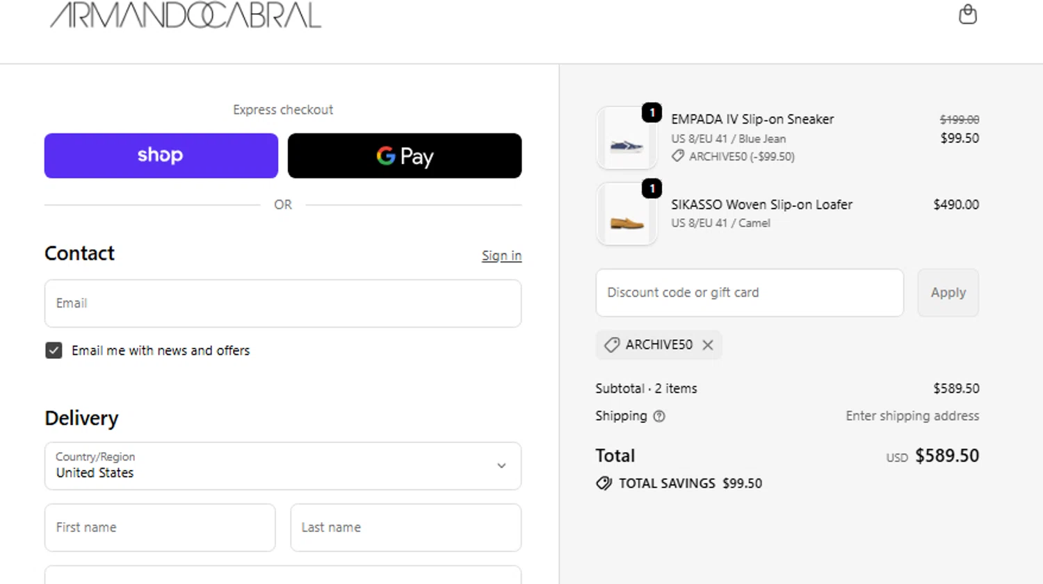 Armando Cabral promo code screenshot showing code ARCHIVE50 applied at Armando Cabral checkout page. Uploaded by SimplyCodes community member CouponLion324 on Oct 31, 2025