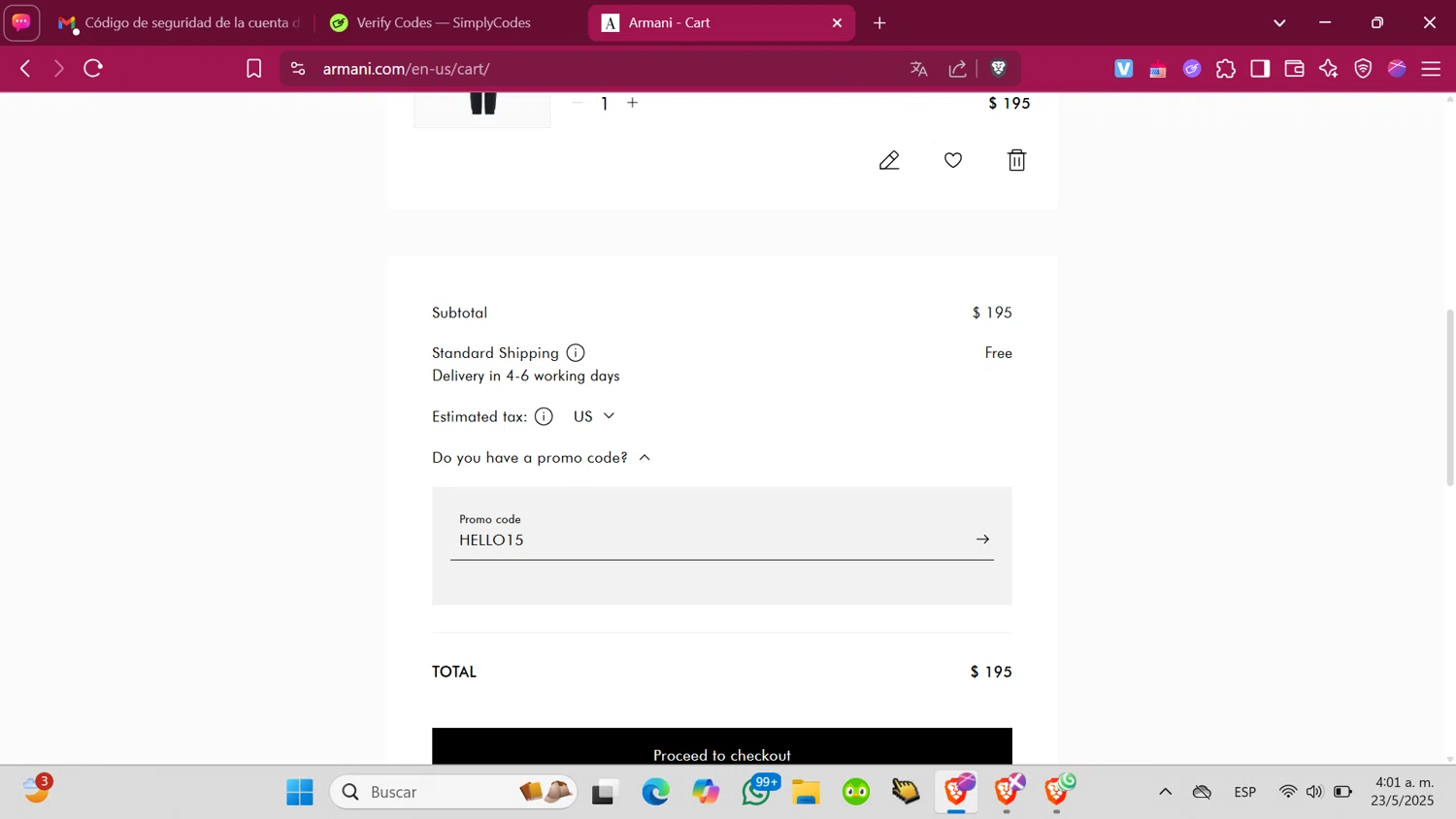 Armani coupon code screenshot showing code HELLO15 applied at Armani checkout page. Uploaded by SimplyCodes community member ShrewdMonarch4436 on May 23, 2025