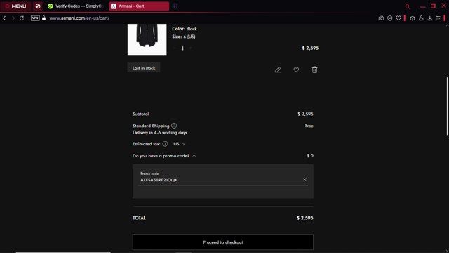 Armani checkout page showing Armani coupon code box | Screenshot taken by SimplyCodes community member on Mar 19, 2025