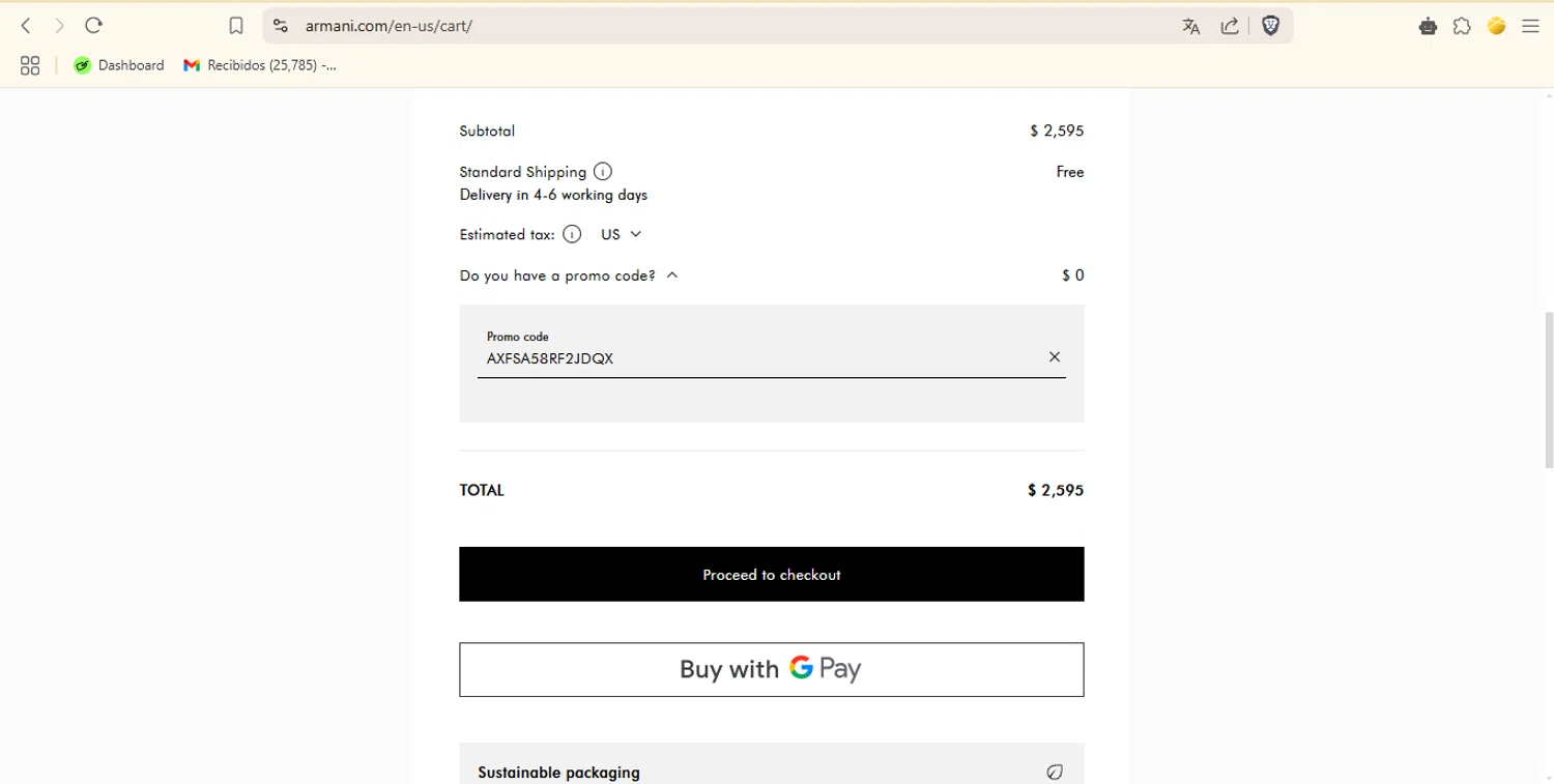 Armani checkout page showing Armani coupon code box | Screenshot taken by SimplyCodes community member on Mar 24, 2025