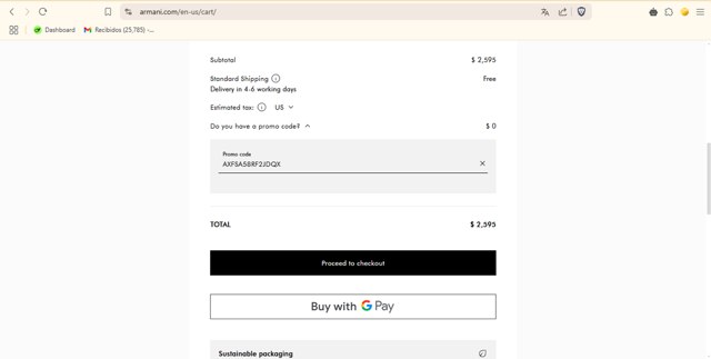 Armani checkout page showing Armani coupon code box | Screenshot taken by SimplyCodes community member on Mar 24, 2025