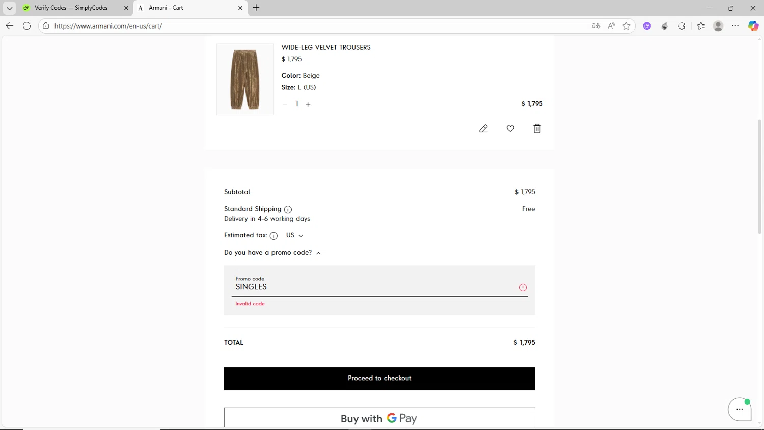 Armani coupon code screenshot showing code SINGLES applied at Armani checkout page. Uploaded by SimplyCodes community member CrownShopper2899 on Aug 22, 2025