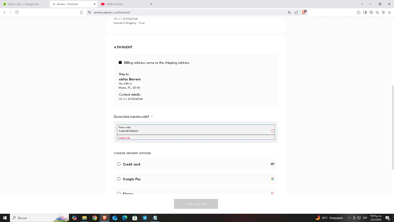 Armani coupon code screenshot showing code FLASHEXTRA20 applied at Armani checkout page. Uploaded by SimplyCodes community member Carloscoder_900457733 on Feb 24, 2025