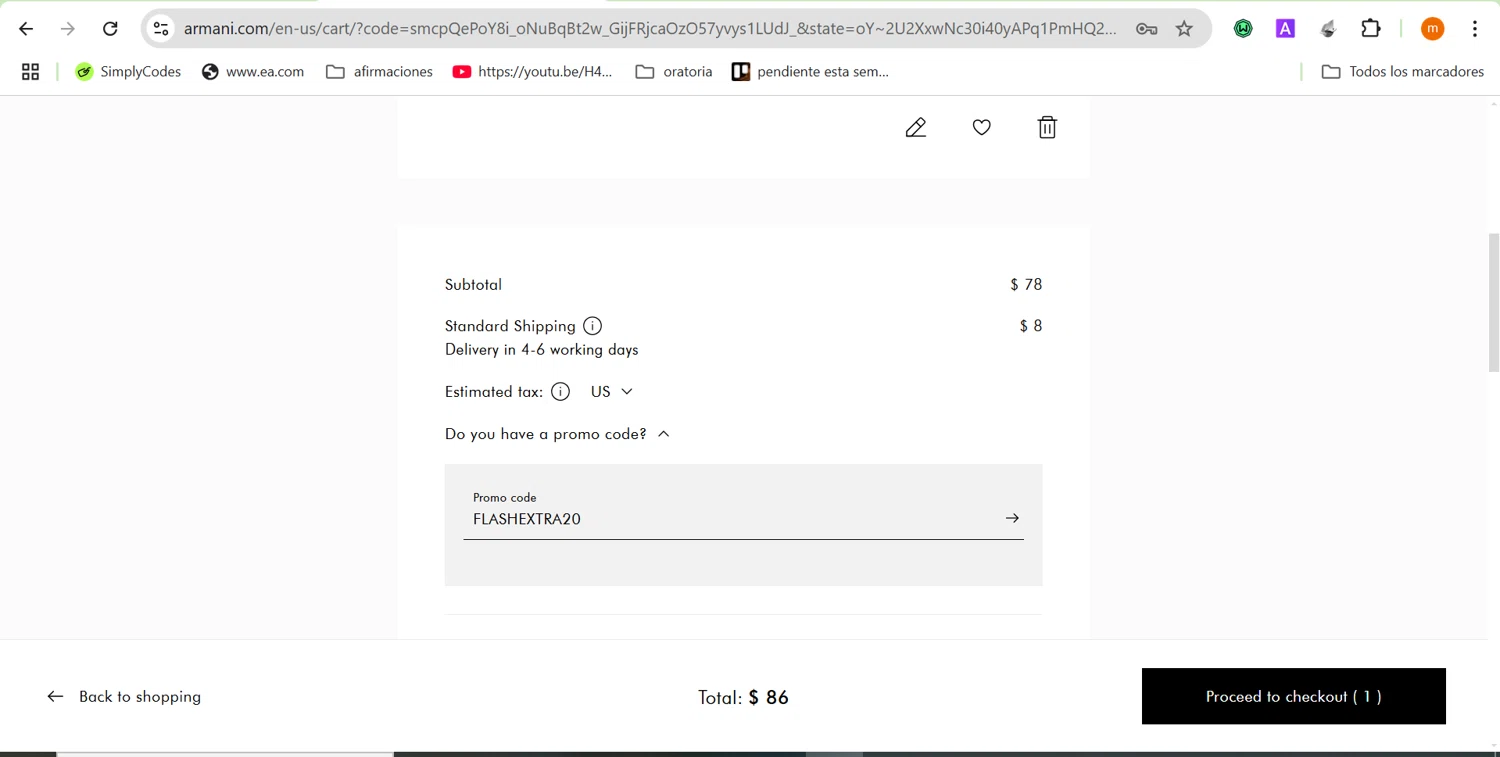 Armani coupon code screenshot showing code FLASHEXTRA20 applied at Armani checkout page. Uploaded by SimplyCodes community member ROIS28 on Mar 3, 2025