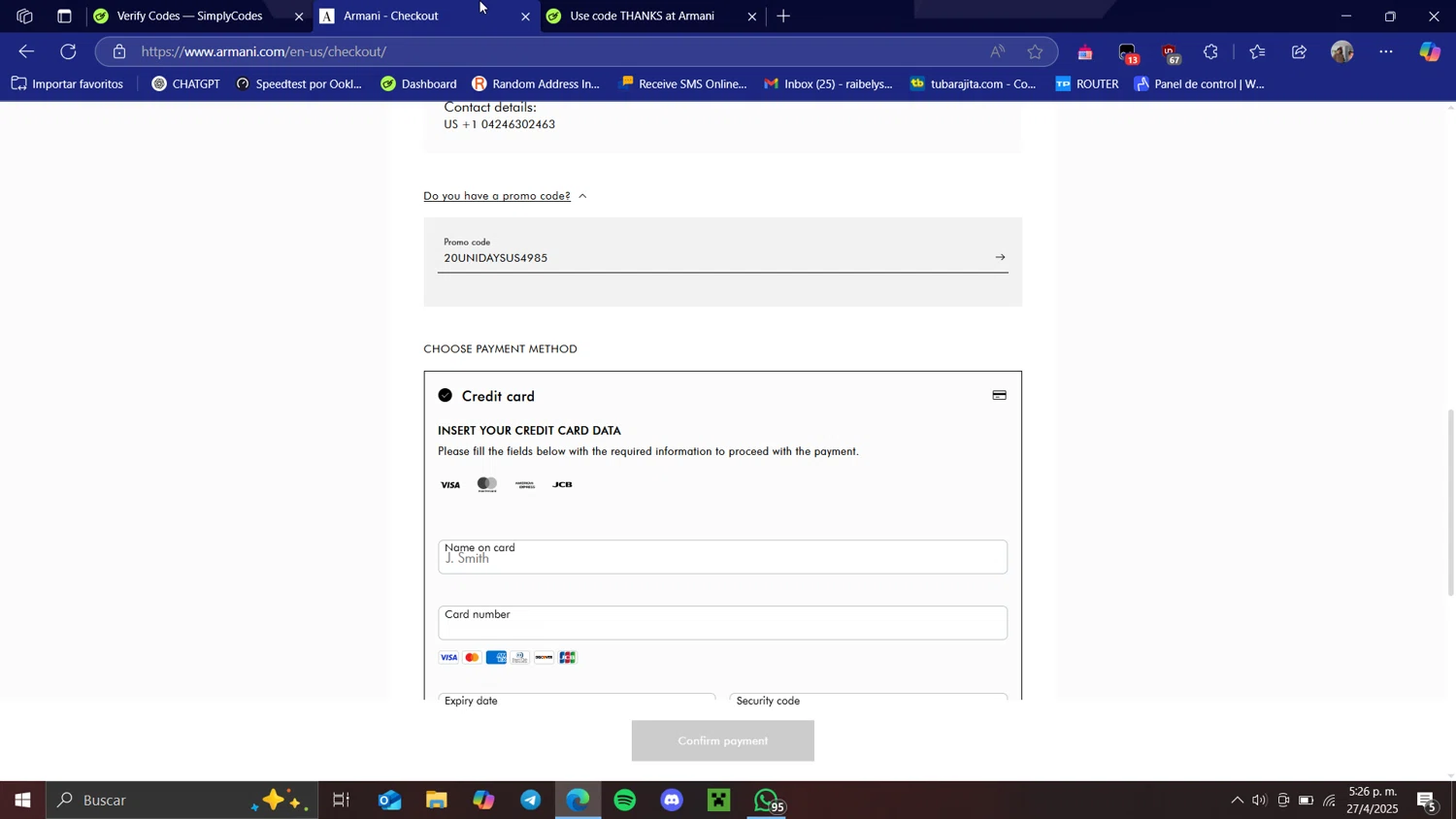 Armani coupon code screenshot showing code 20UNIDAYSUS4985 applied at Armani checkout page. Uploaded by SimplyCodes community member Raibelys_18 on Apr 27, 2025