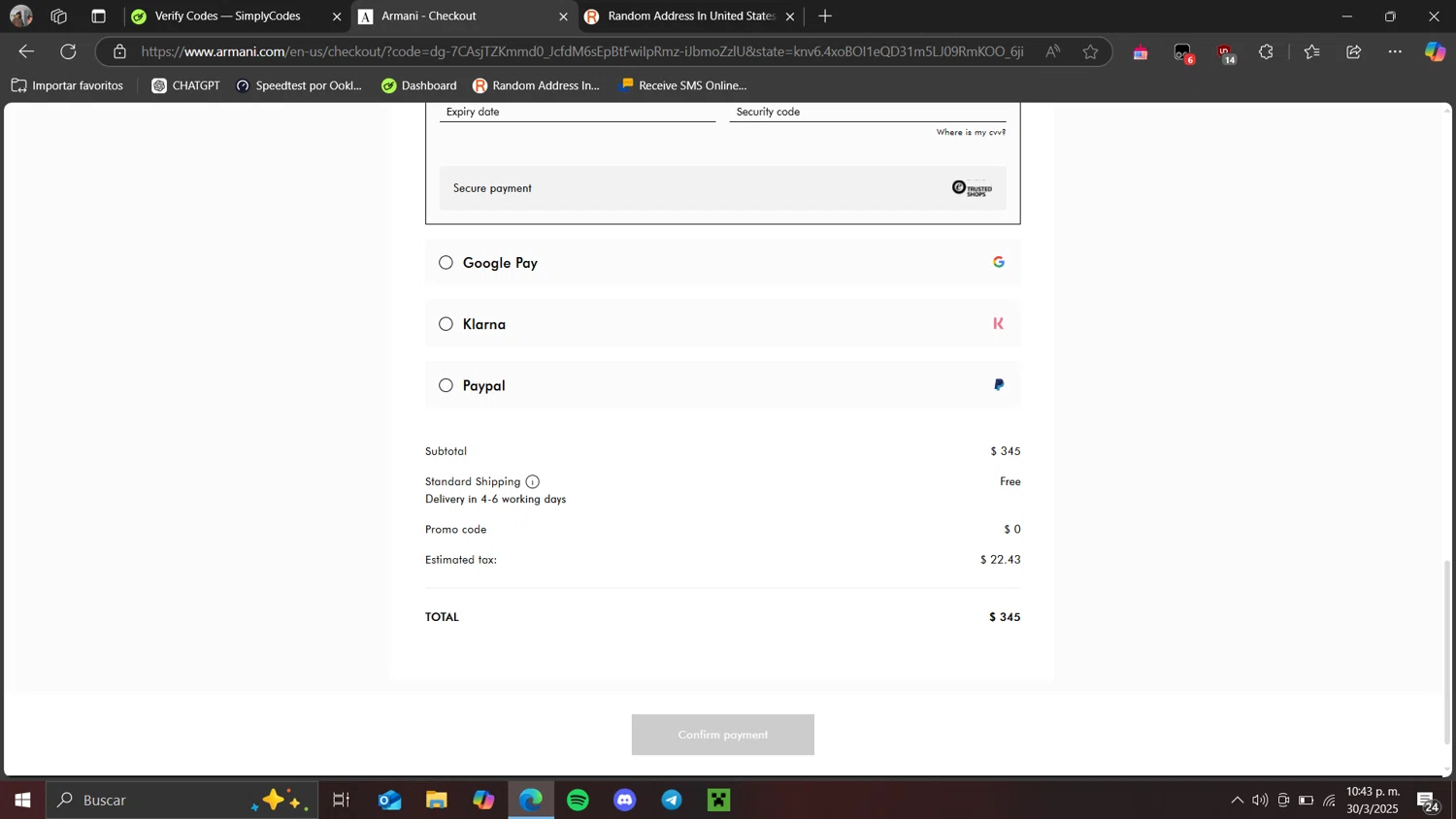 Armani checkout page showing Armani coupon code box | Screenshot taken by SimplyCodes community member on Mar 31, 2025