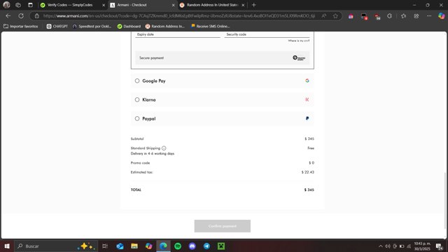 Armani checkout page showing Armani coupon code box | Screenshot taken by SimplyCodes community member on Mar 31, 2025