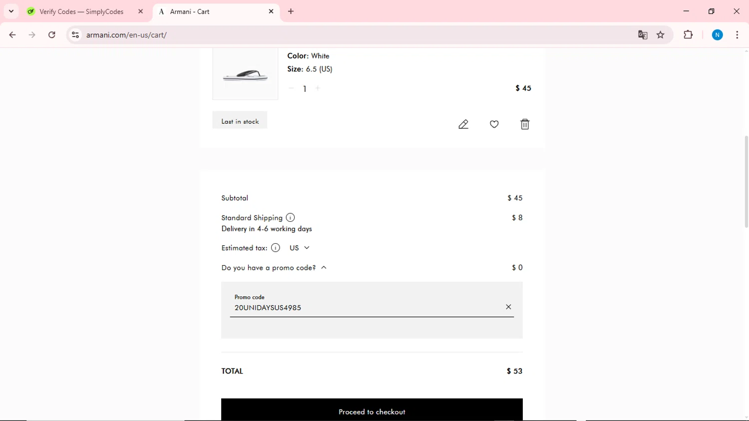 Armani checkout page showing Armani coupon code box | Screenshot taken by SimplyCodes community member on Mar 16, 2025
