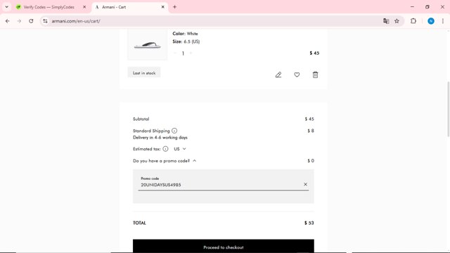 Armani checkout page showing Armani coupon code box | Screenshot taken by SimplyCodes community member on Mar 16, 2025