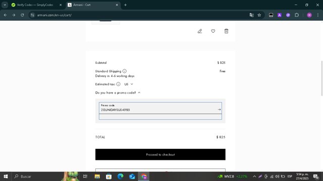 Armani checkout page showing Armani coupon code box | Screenshot taken by SimplyCodes community member on Apr 27, 2025