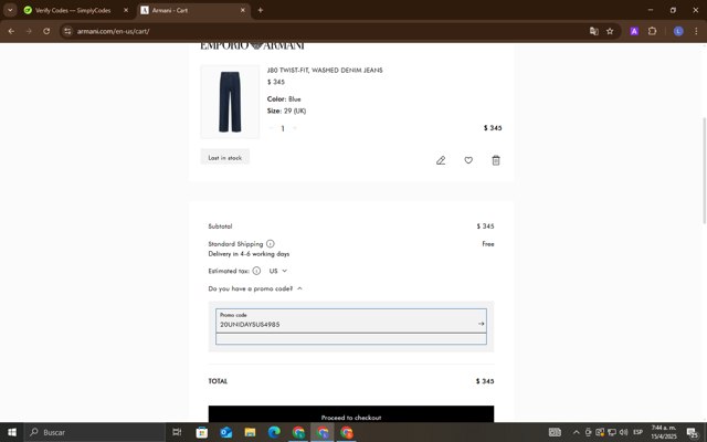 Armani checkout page showing Armani coupon code box | Screenshot taken by SimplyCodes community member on Apr 15, 2025