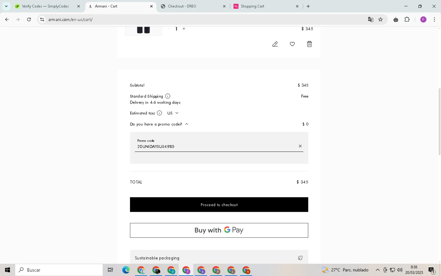 Armani checkout page showing Armani coupon code box | Screenshot taken by SimplyCodes community member on Mar 20, 2025