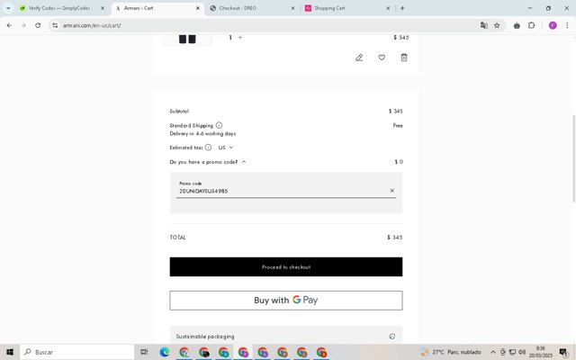 Armani checkout page showing Armani coupon code box | Screenshot taken by SimplyCodes community member on Mar 20, 2025