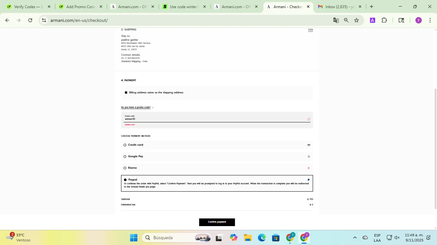 Armani coupon code screenshot showing code winter10 applied at Armani checkout page. Uploaded by SimplyCodes community member yadicg054 on Nov 9, 2025