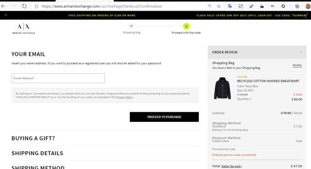 Armani Exchange checkout page showing Armani Exchange promo code box | Screenshot taken by SimplyCodes community member on Aug 30, 2020