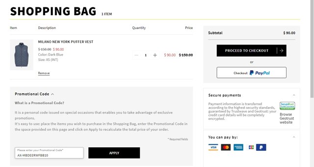 Armani Exchange checkout page showing Armani Exchange promo code box | Screenshot taken by SimplyCodes community member on Jan 14, 2022