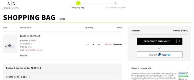 Armani Exchange checkout page showing Armani Exchange promo code box | Screenshot taken by SimplyCodes community member on Jan 29, 2021