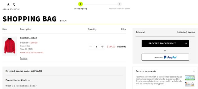 Armani Exchange checkout page showing Armani Exchange promo code box | Screenshot taken by SimplyCodes community member on Feb 20, 2021
