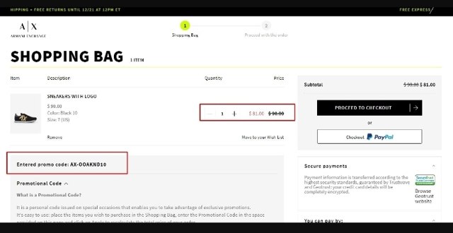 Armani Exchange checkout page showing Armani Exchange promo code box | Screenshot taken by SimplyCodes community member on Feb 8, 2022