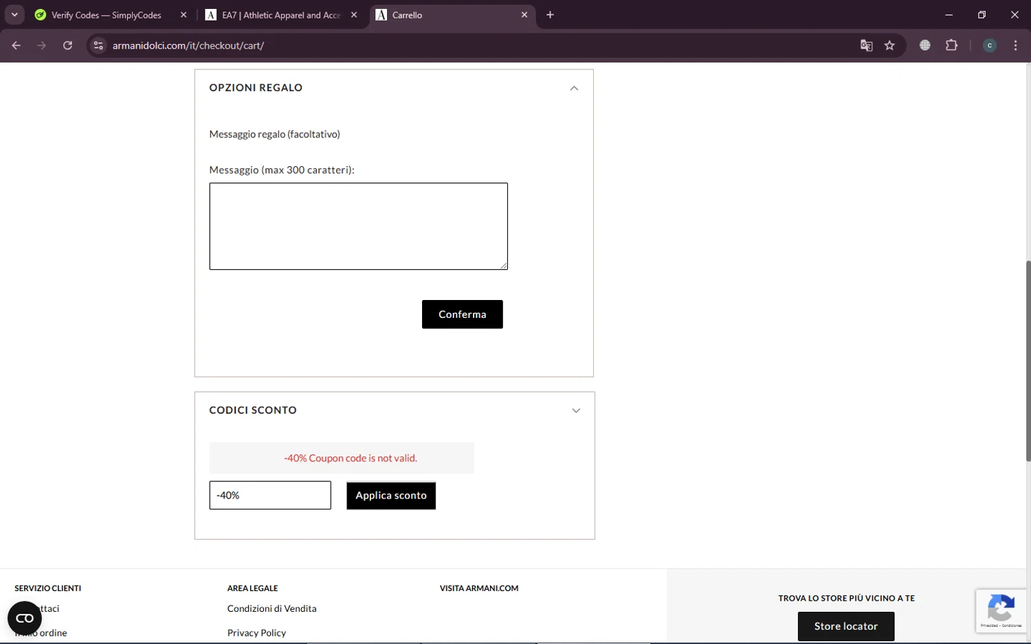 Armani Exchange promo code screenshot showing code -40% applied at Armani Exchange checkout page. Uploaded by SimplyCodes community member TokenTiger248 on Jan 26, 2025