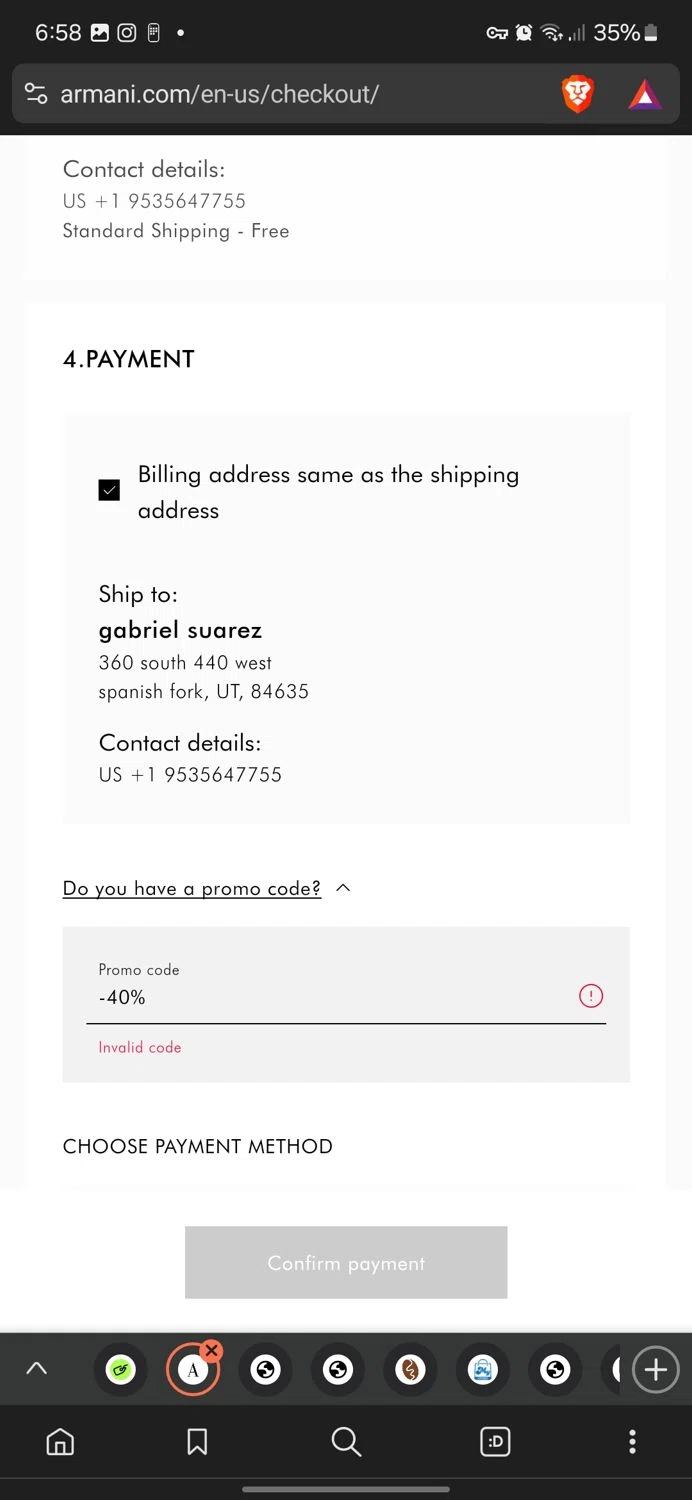Armani Exchange promo code screenshot showing code -40% applied at Armani Exchange checkout page. Uploaded by SimplyCodes community member myke_suave on Jan 26, 2025