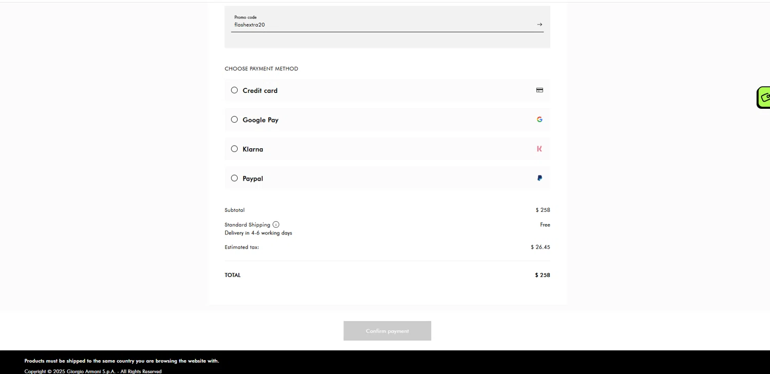Armani Exchange promo code screenshot showing code flashextra20 applied at Armani Exchange checkout page. Uploaded by SimplyCodes community member suppahdealz on Feb 18, 2025