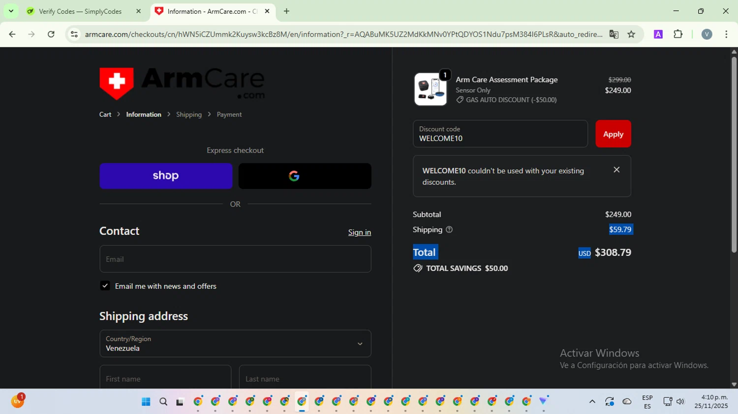 ArmCare promo code screenshot showing code WELCOME10 applied at ArmCare checkout page. Uploaded by SimplyCodes community member SwiftScout1619 on Nov 25, 2025