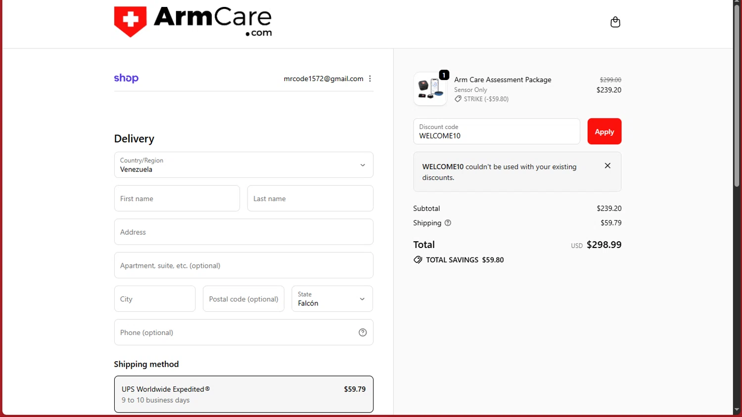 ArmCare promo code screenshot showing code WELCOME10 applied at ArmCare checkout page. Uploaded by SimplyCodes community member tokiio on Dec 6, 2025