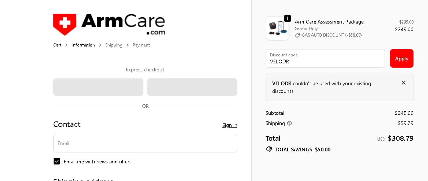 ArmCare promo code screenshot showing code VELODR applied at ArmCare checkout page. Uploaded by SimplyCodes community member pkwhite on Nov 25, 2025