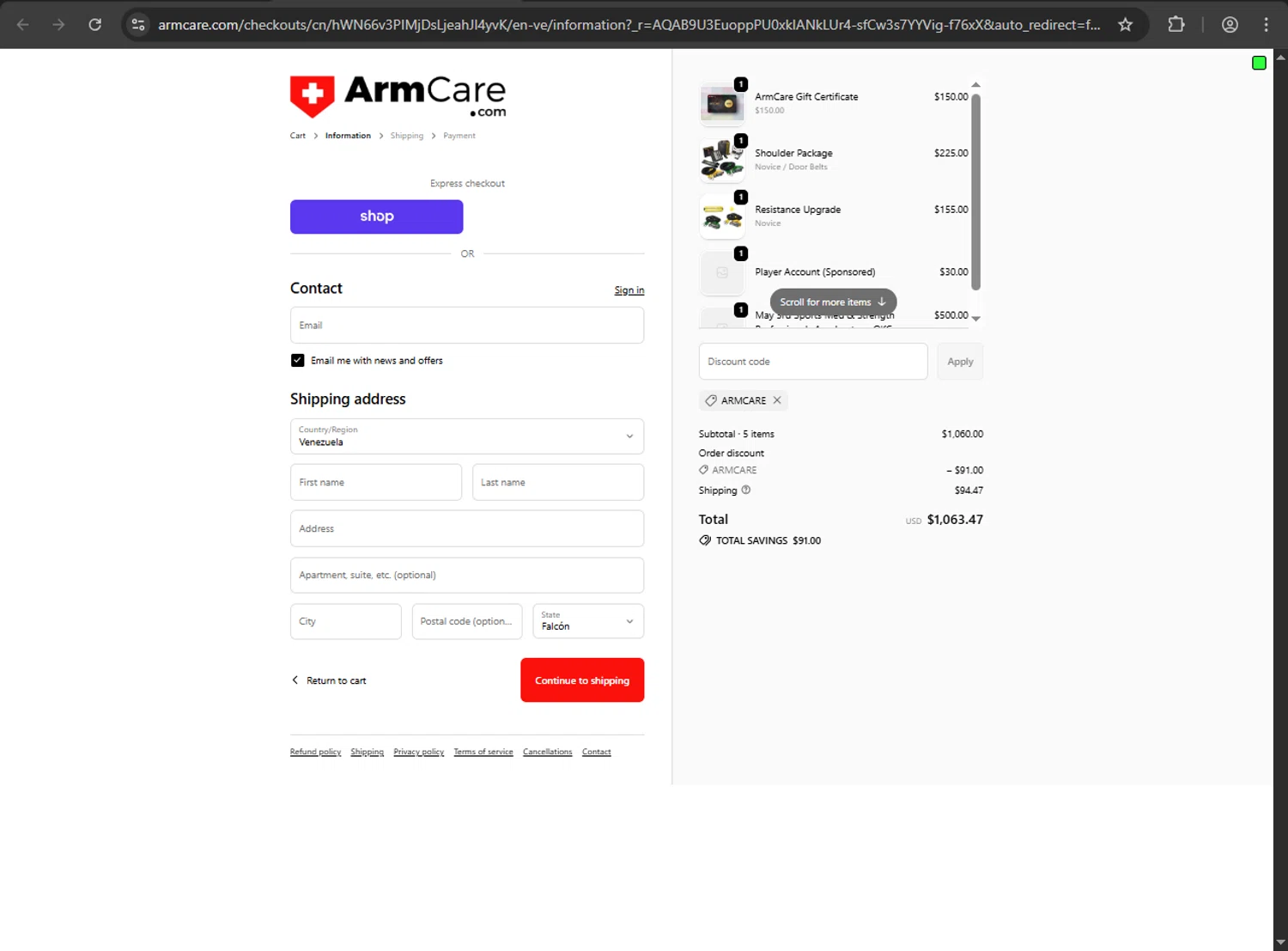 ArmCare promo code screenshot showing code ARMCARE applied at ArmCare checkout page. Uploaded by SimplyCodes community member ShrewdDefender8496 on Dec 6, 2025