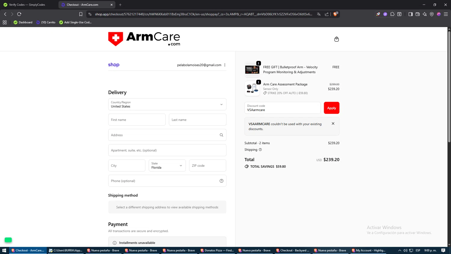 ArmCare promo code screenshot showing code VSAarmcare applied at ArmCare checkout page. Uploaded by SimplyCodes community member Monitos on Dec 12, 2025